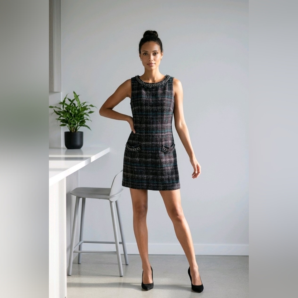 Laundry by Shelli Segal Tweed Chain Detail Mini Dress Multicolor Size 10 NWT